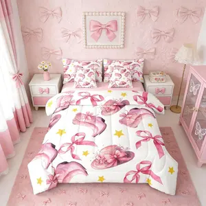 Bowknot Watercolor Pink Cowgirls Kawaii 7 Piece Bedding Set,Cute Bow Starry Comforter Bed Set with Sheets,Ribbon Coquette Bed Bag,Ribbon Coquette Bed Set, Bed Comforter Set, Ultra Soft