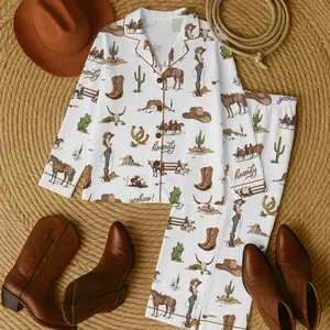 Cute Rustic Americana Western Satin Pajama Sets for Women, Vintage Cowboy Short Sleeve Top & Shorts, Comfortable Summer Sleepwear Set, Loungewear Pajama, Relaxing Sleeping Clothes, Soft Satin PJs, Western Style Pajama