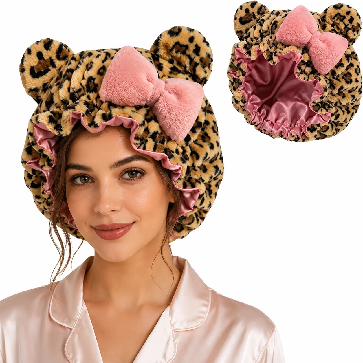 Fluffy Pink Leopard Bonnet for Women, Smooth Satin-Lined Teddy Fleece with Elastic Band for Daily Anti-Frizz Haircare, Great Gift