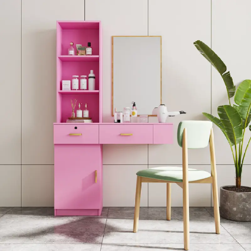 Modern Makeup Vanity Hair Styling Station - Multi-Layer Large-Capacity Storage Organizer Desk for Bedroom, Salon Use (Pink)