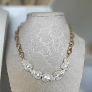 Thick paper clip chain necklace, Baroque glass pearls, chunky necklace