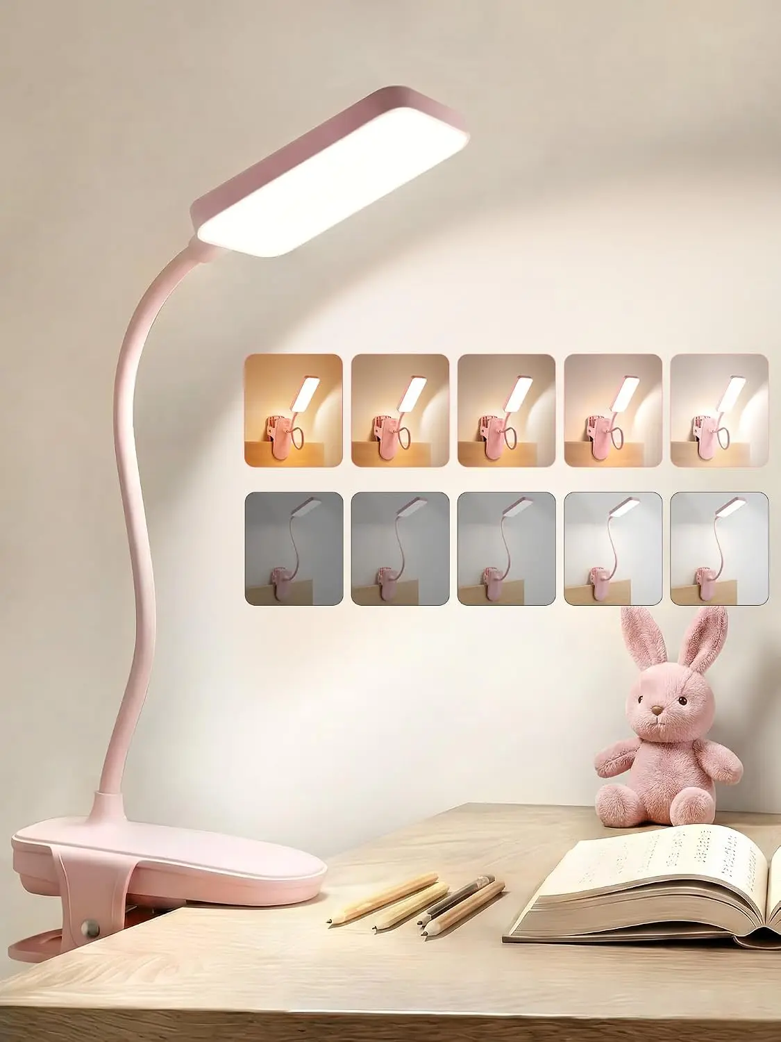 Pink Desk Lamp Cute Clip on Lamp,45 Modes Dimmable+450 Lumen Clip on Light |   4000mAh Battery Rechargeable Book Light for Reading in Bed,Cordless Small Pink Lamp for Girls Room/Kids Bedroom/Bedside/Dorm