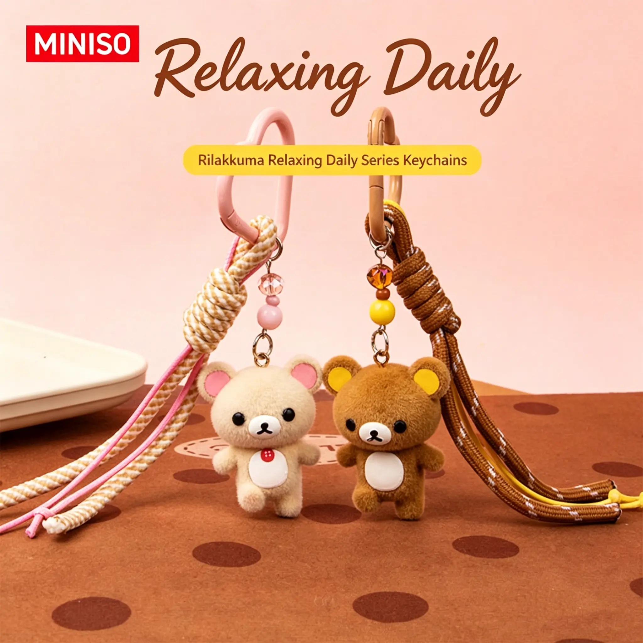 MINISO x Rilakkuma Everyday Series Heart Lock Keychain - Cute Knot Rope Charm Collectible Bag Pendant, Key Holder for Purse, Keychain Accessory for Gifting