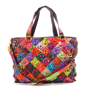 Bonded Leather Tote Bag Multicolor Floral Checkmate Details Adult