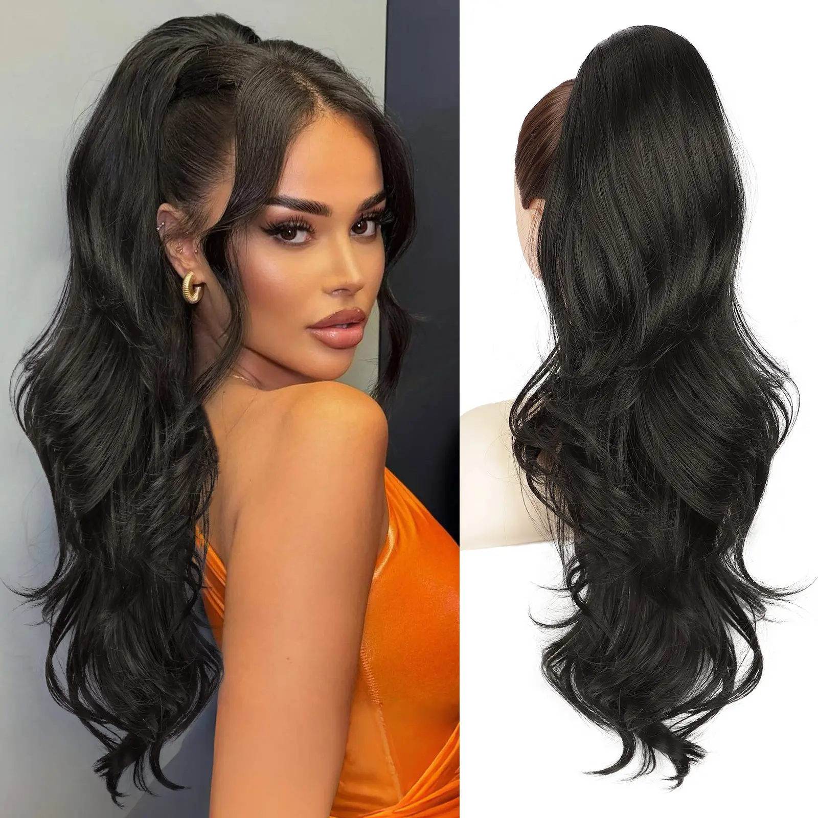 Women's 26-Inch Long Wavy Drawstring Ponytail Extension, 160g Soft & Realistic Texture Synthetic Hair Piece, Heat Resistant, Natural-Looking, Suitable for Themed Parties, Sports Events, Available in Brown Black, Blonde, Ponytails, Themed Party