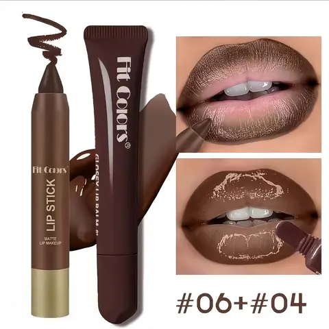 Fit Colors Makeup Products 2-Piece Lip Kit Cosmetic Set - Gift-Ready Duo Nude Liner Lipstick & Lip Gloss, Long-Wear Oil, Precise Application, Natural Glossy Finish, Hydrating, Ideal Holiday Gift