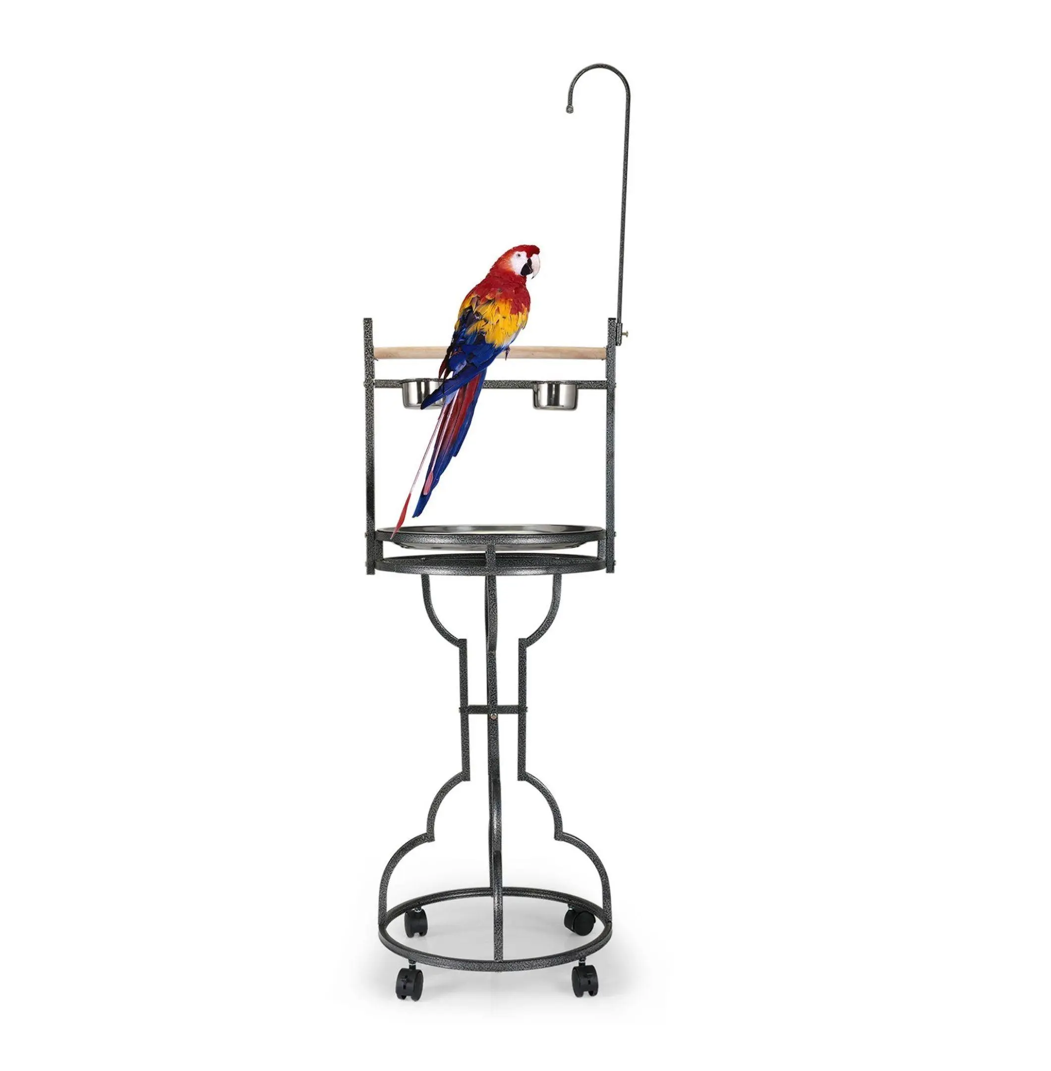 Black Iron Parrot Playstand with Perch, Bowls, Locking Casters, Iron Frame, Movable Base & Easy Cleaning - 72" Tall - for Small-Medium Parrots, Solid Wood