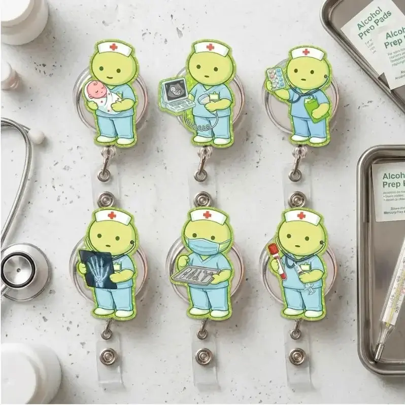 Cute Medical Character Acrylic Badge Reel, Retractable ID Card Holder for Nursing Students, Kawaii Name Tag Clip Gift