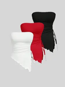 Women’s 3-Pack Strapless Drawstring Tie Tops, Summer Off-Shoulder Design Bandeau Elegant Womenswear Minimalist