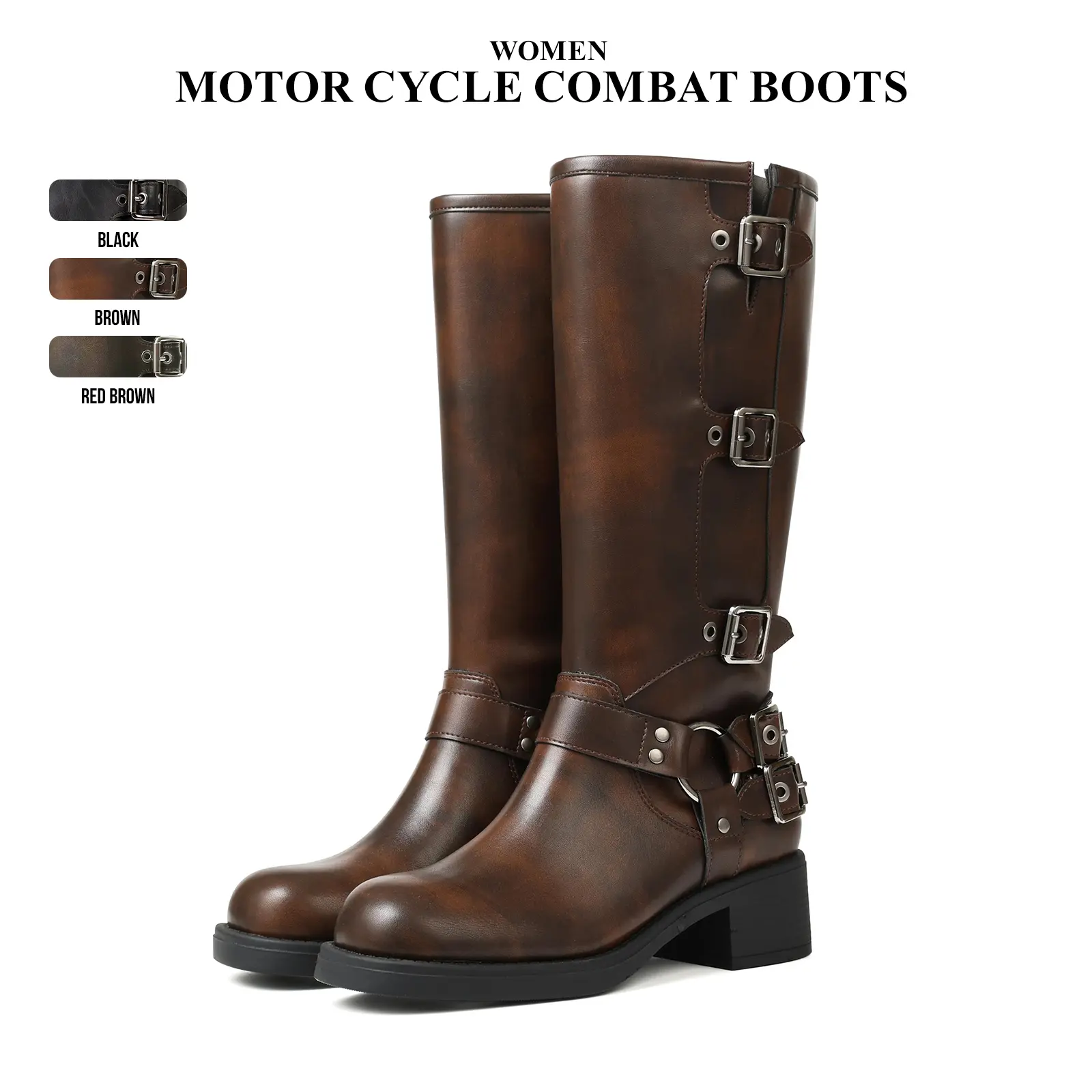 CYNLLIO Womens Motor Cycle Combat Boots Round Toe Pull On Boot Wide Calf Riding Boots Fashion Buckles Chunky Boots Casual Vintage Buckle Rivet Summer Rocky Boots Chunky Heels Vintage Riding Boots
