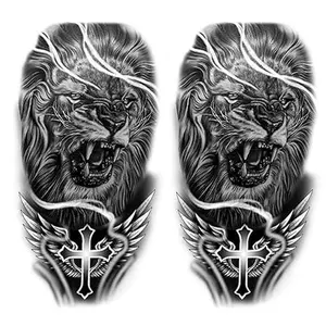 2 Sheets Waterproof Arm Temporary Tattoo Stickers Cross Wing Lion Roar