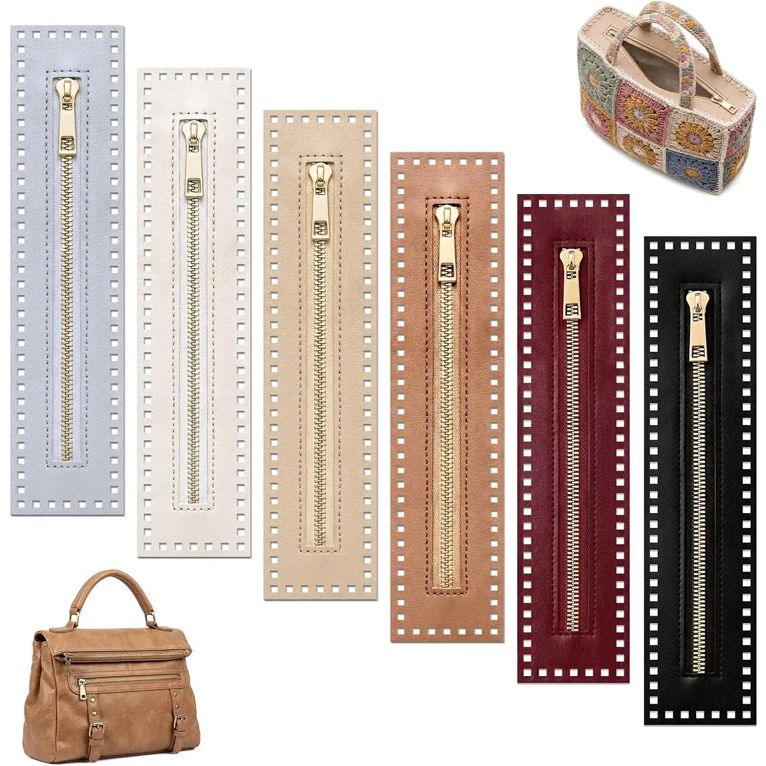 6 count Crochet Zippers with Holes, PU Leather Zipper for Bags, 10.62 x 2.17 Inch Closed-End Bulk Zippers for Sewing, Crochet Bag Accessories and Supplies for DIY Crafts