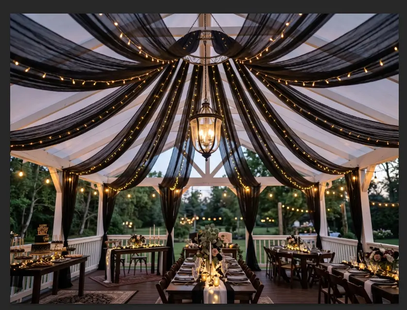 Black Silk Ceiling Drapes with String Lights, 6 Panels 5x10/20/30 FT Sheer Tulle Fabric, Wedding Ceremony, Birthday Party Decor for Arch, Backdrop, Valance & Curtain Accessory