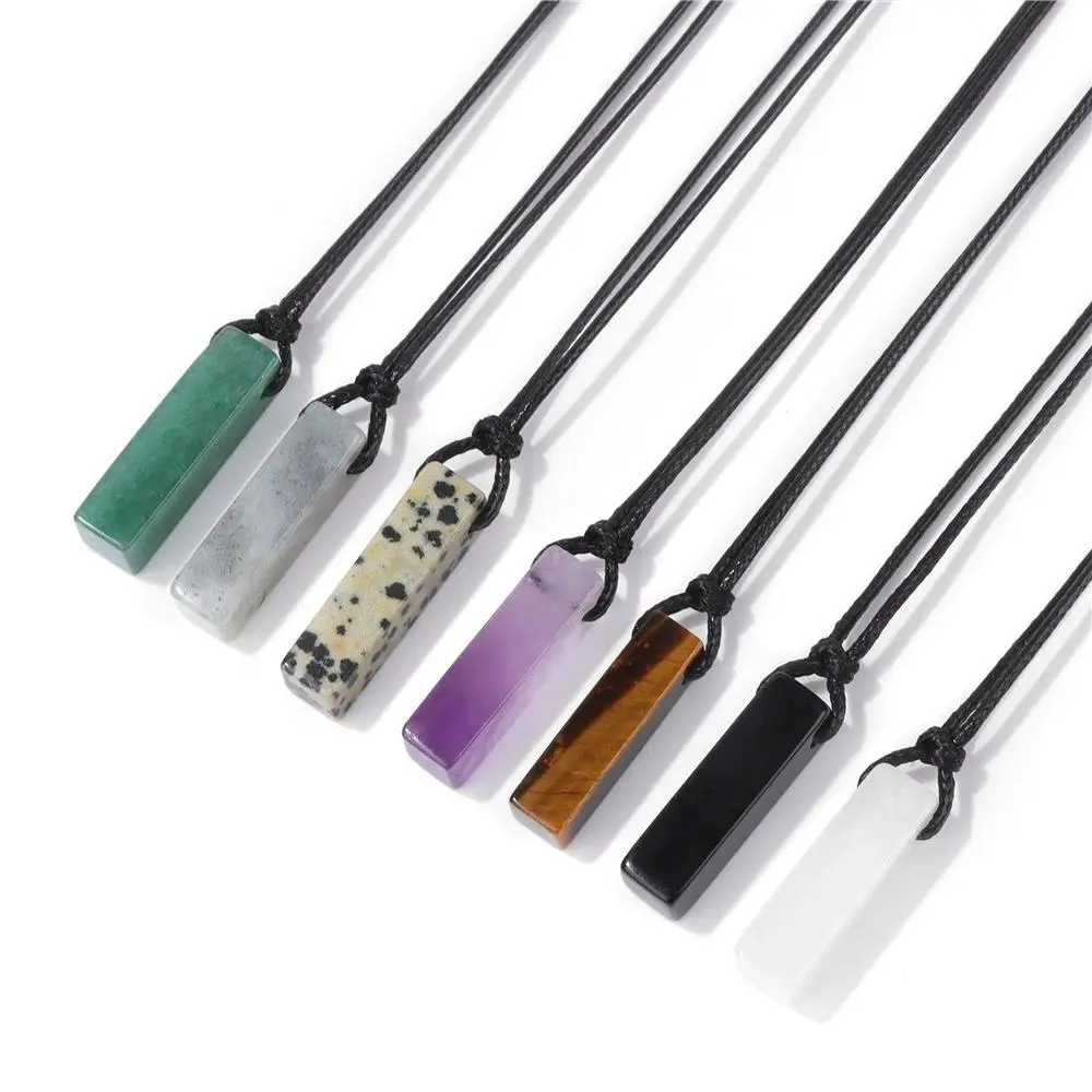 Gold-Tone Rectangle Pendant Necklace for Women, Natural Dalmatian Jasper Stone on a Black Leather Cord for Daily Wear, One-Piece