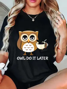 100% Cotton Unisex Funny Lazy Owl Art For Men Women Coffee Owl Lovers T-Shirt