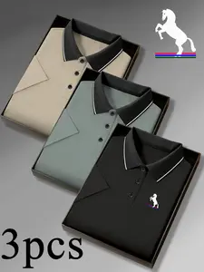 Men's Quick-Dry Polo Shirt Set, Geometric Pattern, Short Sleeve, Breathable & Comfortable, Sporty Style, All Seasons Wear