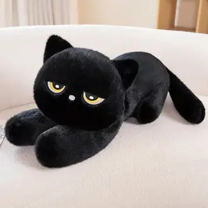 Cute Half Round Eyed Black Cat Plush Toy Prone Black Cat Pillow Kids Game Fans Halloween Christmas Birthday Gifts Home Decor