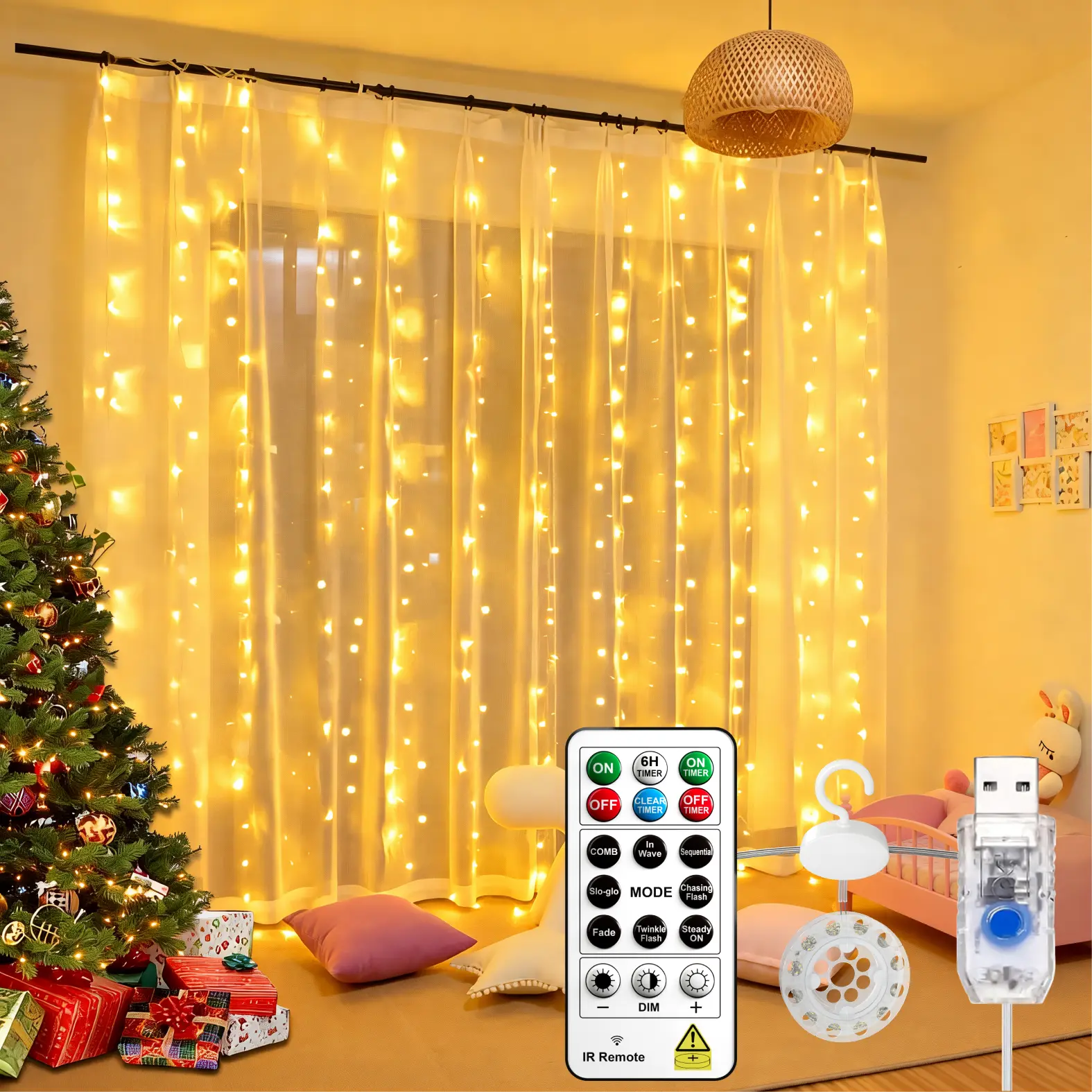 Warm White Fairy Curtain LED Lights Strips - 300 LED 9.8ft x 9.8ft Waterproof Window String Lights, 16 Hooks, 8-Model Remote Control for Romantic Bedroom Glow, Room Decor, Wedding Home Decor, Led Waterproof Lights