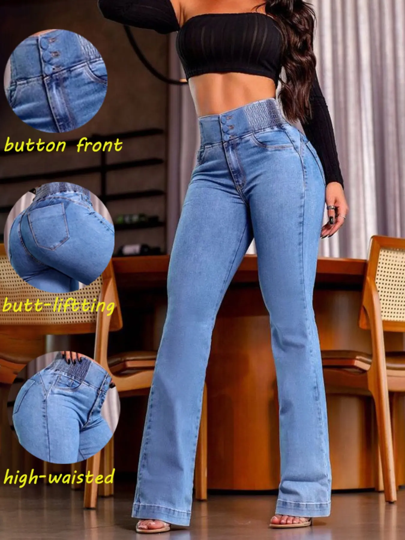 Women's Kardashian style Streetwear High Waist Denim Skinny Flare Button Pocket Trouser Pants Bottoms, Butt Lifting Slim Fit Jeans, Sexy Elastic Comfortable Long Pants for All Seasons
