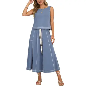 Women’s 2 Piece Cotton Skirt Set Sleeveless Draped Tank Top Drawstring Midi Skirt Y2K Lounge Outfits