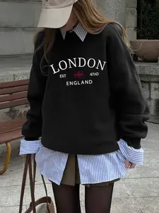 Women's London Graphic Print Drop Shoulder Sweatshirt, Comfortable Long Sleeve Round Neck Pullover, Casual Loose Fit for Fall Winter Womenswear