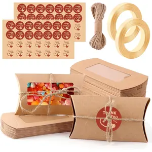 50 Pack Cushion Boxes, 14.5 x 7.5 cm Kraft Paper Cushion Box, Gift Box with Clear Window, Sweets Gift Boxes with Sticker Twine Ribbon for Wedding, Birthday Christmas