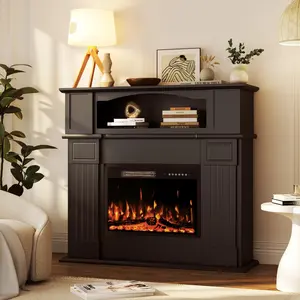 PUKAMI 43" Electric Fireplace with Mantel, Wooden Black Electric Fireplace Surround with Mantel, Freestanding Faux 23" Fireplace Insert for Living Room with Remote Control, Adjustment 3D Led Flame