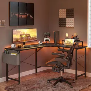 L-Shaped Gaming Desk 47'' with Monitor Shelf, Strong Steel Frame, Adjustable Leg Pads, Metal, Modern Design, Assembly Required Black Finish
