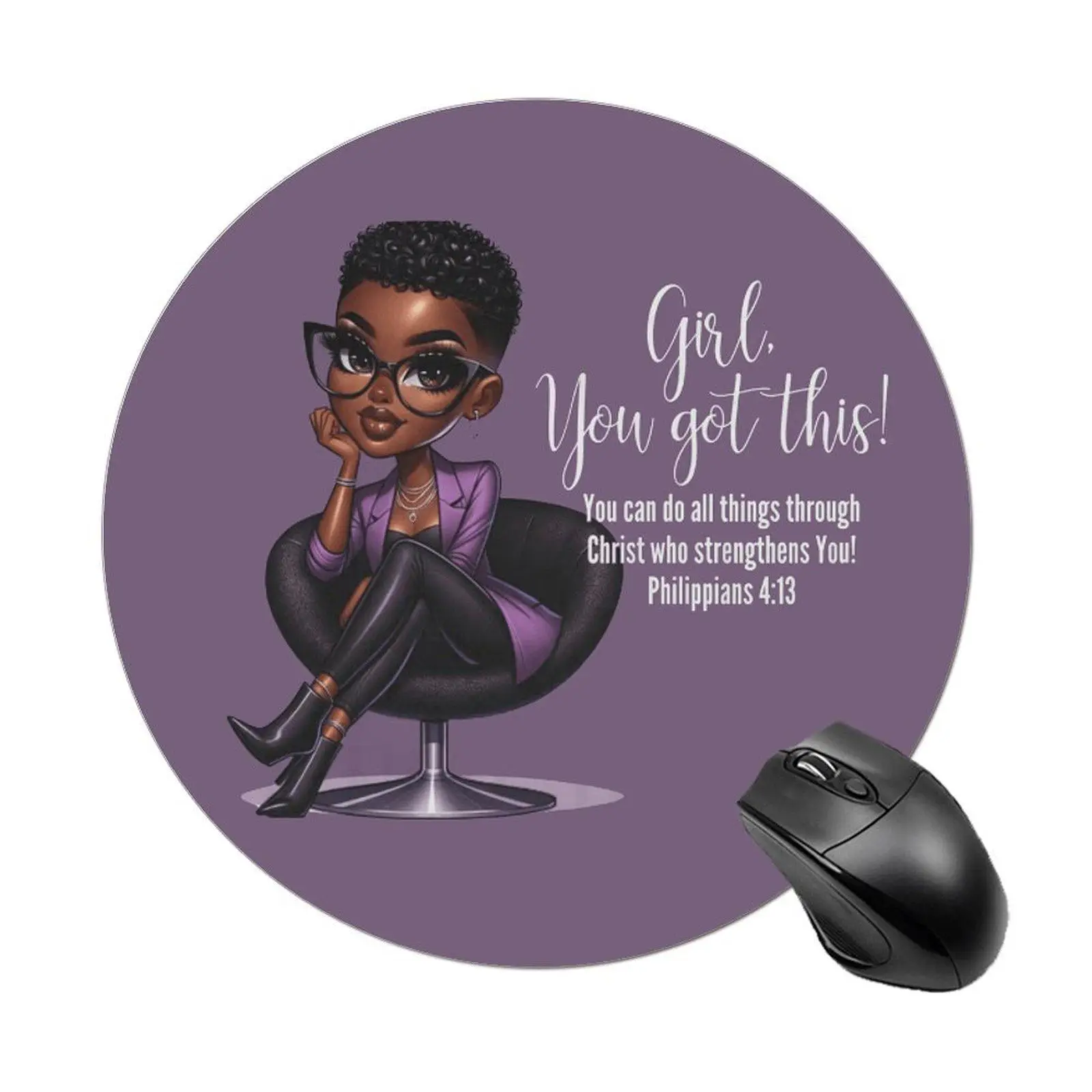 Cartoon Black Woman Mouse Pad, Thicken Round Mouse Pad, Non-slip Rubber Mouse Pad, Desk Accessories, Colleague Gift, Office Gift