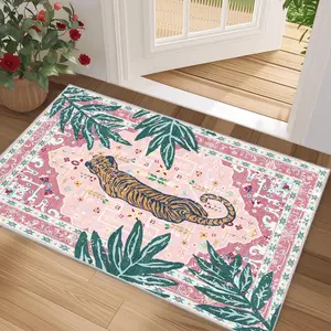 Vintage Tropical Bohemian Tiger Floral Rug, Non-Slip Washable Carpet Mat, Minimalist Home Decor for Living Room Bedroom Bathroom