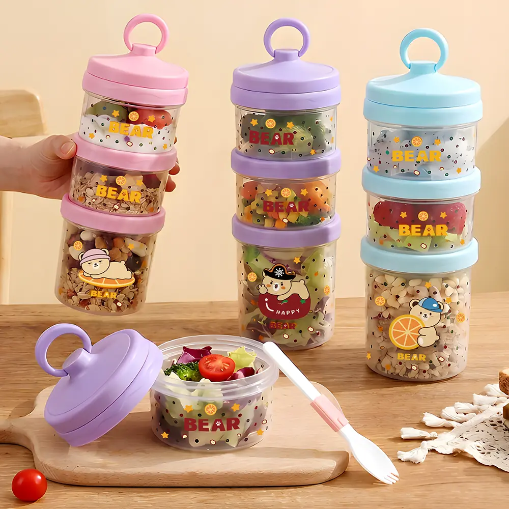 3-Layer Stackable Baby Food Storage Containers, Leak-Proof Snack Pots with Bear Design, BPA-Free Portable Formula Dispenser for On-The-Go, Reusable Toddler Snack Containers for Travel, School, Daycare