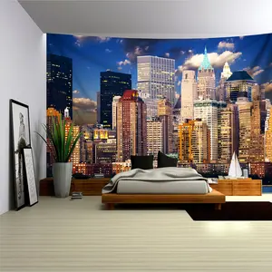 1 oversized New York City Manhattan Skyline Tapestry - New York Architecture, Empire State Building and One World Trade Center - Peach Light Beige Textured Wallpaper Style Pendant for Living Room, Bedroom, Office - Modern Minimalist York Apartment Decor