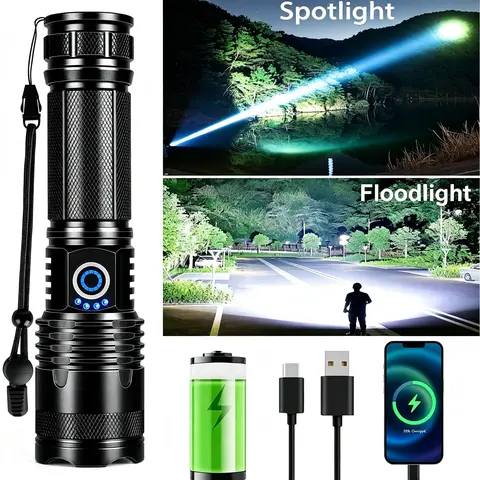 Rechargeable LED Tactical Flashlight - 10000 Lumens, 5 Adjustable Light Modes, Zoomable, Waterproof, USB Port, Tough Tactical Accessories for Camping, Adults, Home Emergency Use with Friends