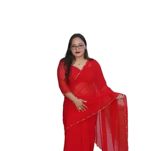 Red Georgette Handwork Saree with Blouse for Women - Casual Womenswear