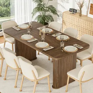 62" Dining Table for 6-8,Walnut Rectangle Wooden Kitchen Table with Double Robust Pedestal, Sturdy Dinner Table for Dining Room, Kitchen & Living Area