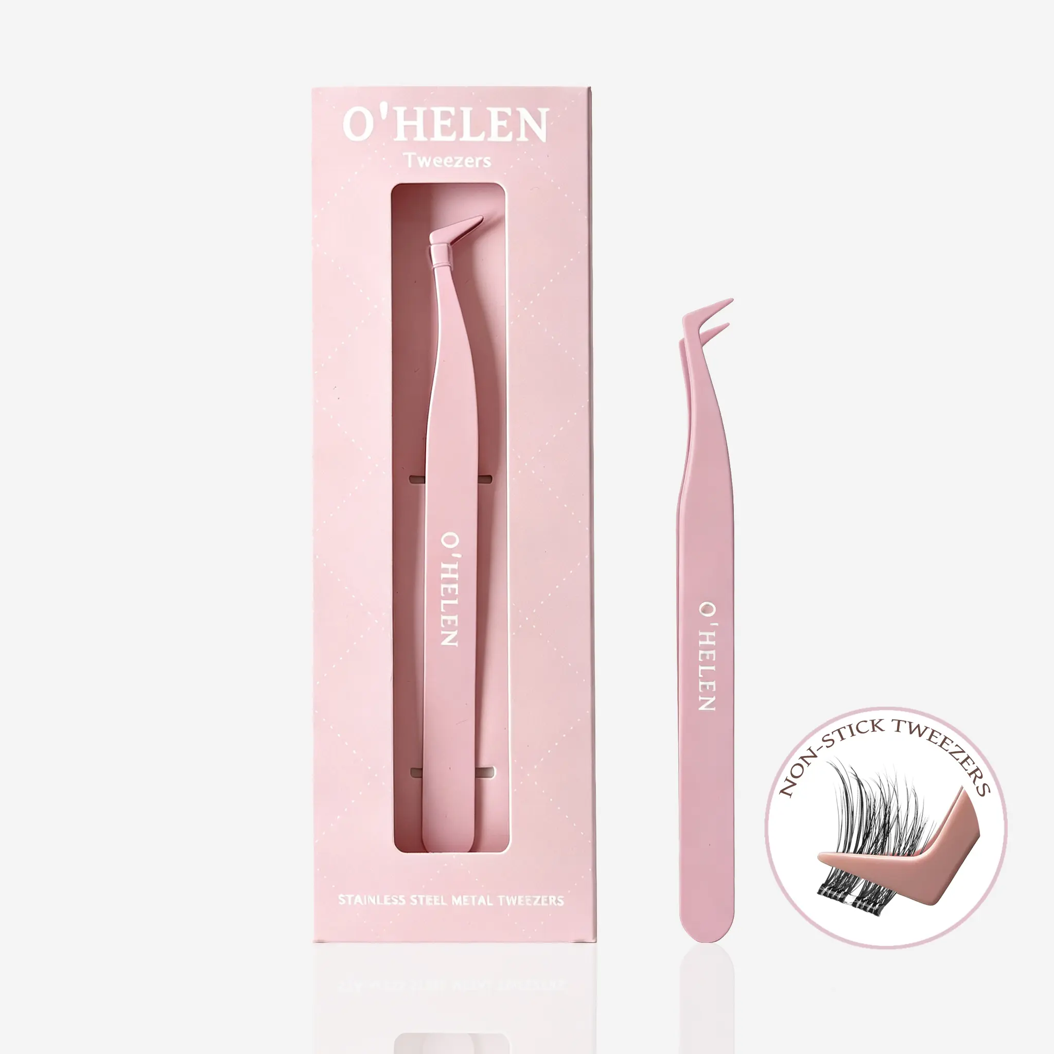 O'Helen Non-Stick Anti-Glue Bent Tip Tweezers for DIY Cluster Lash Application, Beauty Makeup Tool