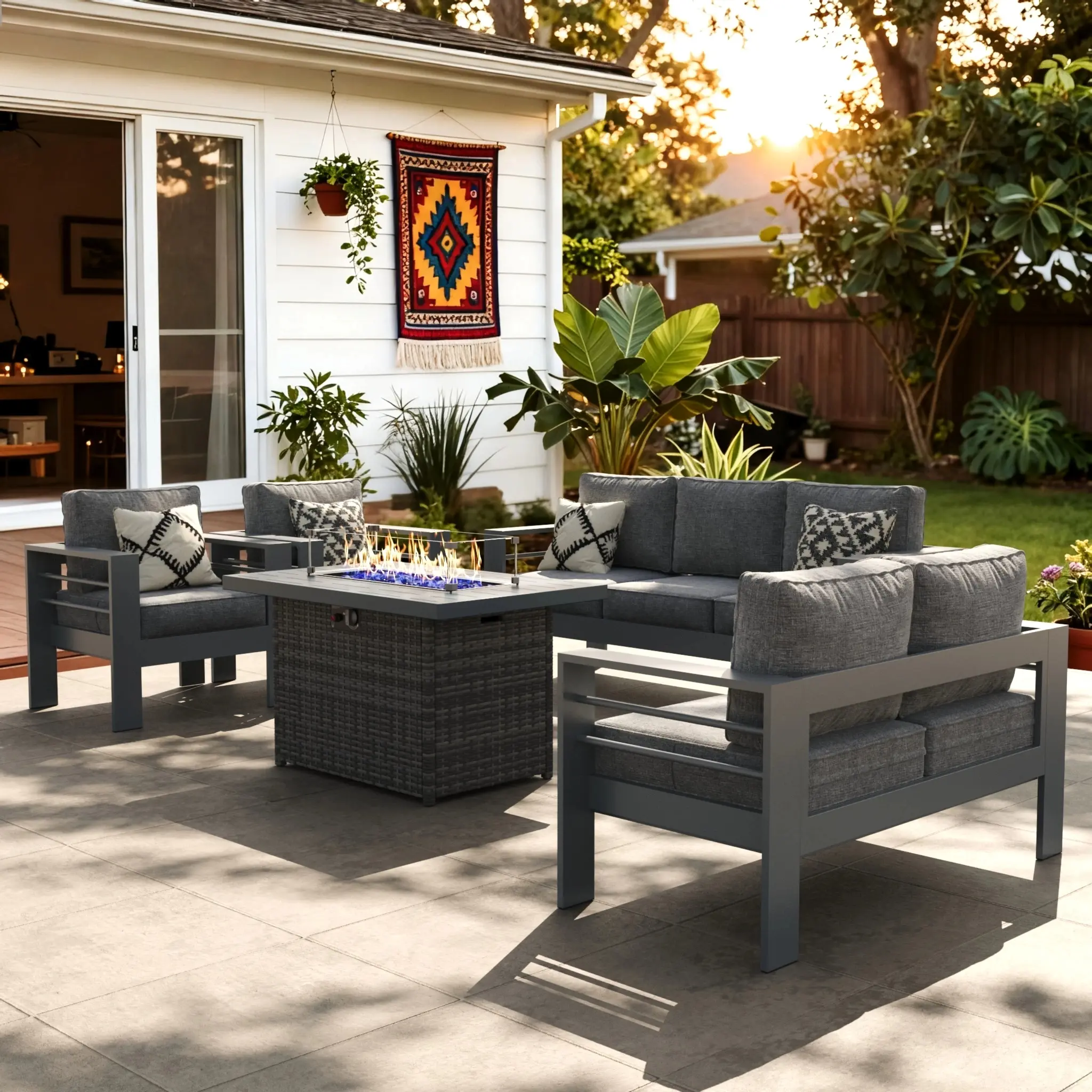【3/4 Packages Shipping】LayinSun Outdoor Aluminum Furniture Set with Fire Pit Table, Patio Sectional Conversation Chat Sofa Modern Seating Set