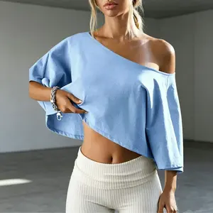 Womens Cotton Off-Shoulder Crop Top Loose Batwing Sleeve Asymmetrical Neck Casual Tee for Summer Daily Wear & Loungewear Womenswear
