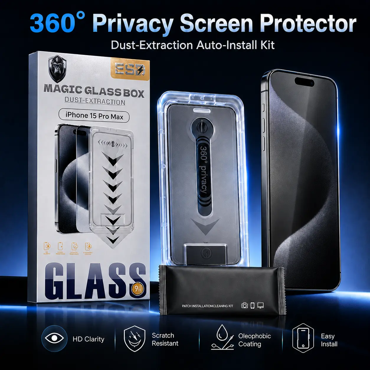 Magic Glass Box 360 Privacy Screen Protector for iPhone 15 Pro Max Auto Alignment Kit 9H Tempered Glass