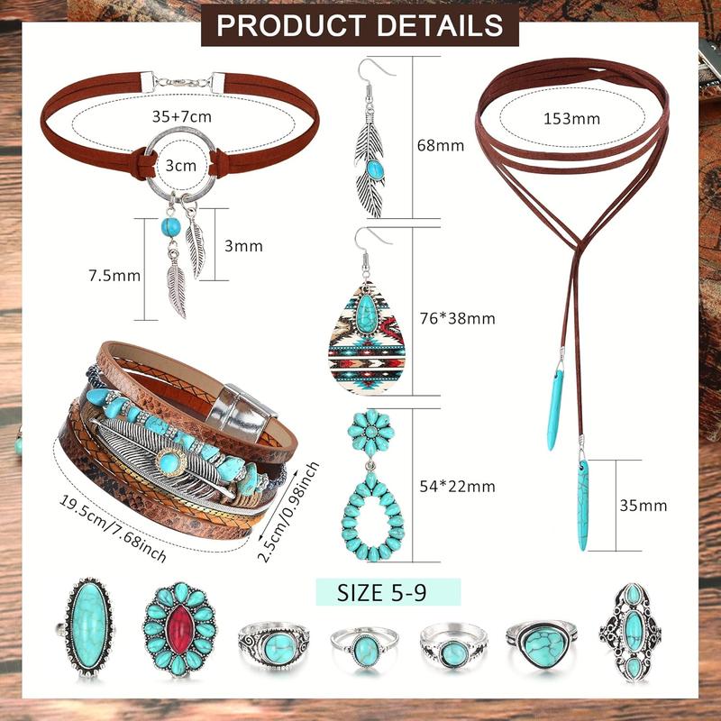 1Set Bohemian Western Style Synthetic Turquoise Necklaces, Earrings, Rings, Bracelets, Women'S Jewelry Sets, Daily Vacations, Outdoor Parties, Wearing Jewelry, Mother'S Holiday Gifts