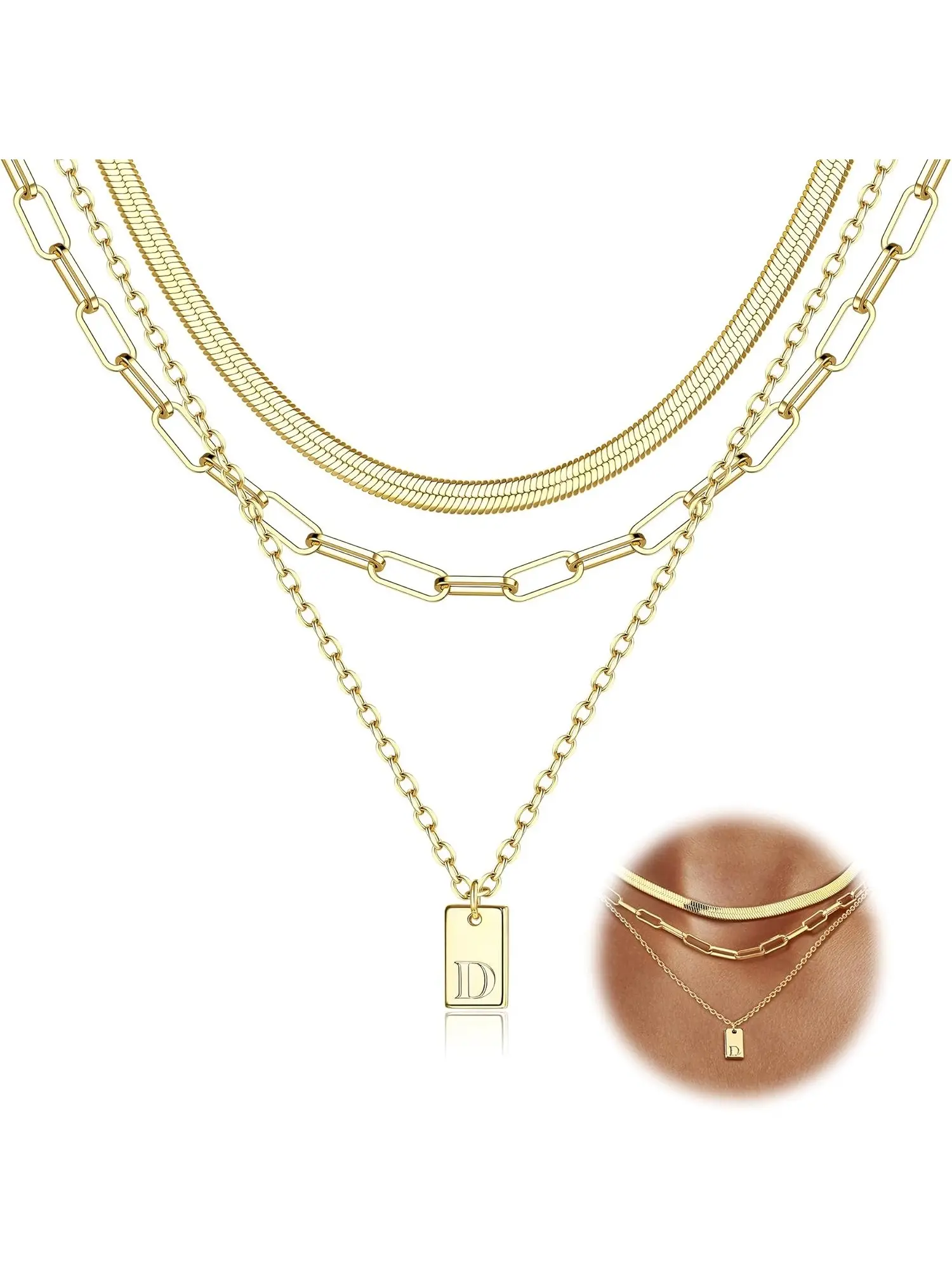 Vintage 3 Pcs Golden Layered Necklaces Trendy Initial Stainless Steel Necklaces for Women Men Personalized A-Z Name Tag Pendant Letter Necklace Paperclip Snake Chain Layering Necklace Set Dainty Gold Jewelry Gift