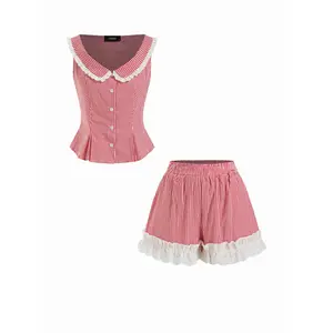 Cider 100% Cotton Gingham Ruched Top & Mid Rise Lace Trim Shorts Set