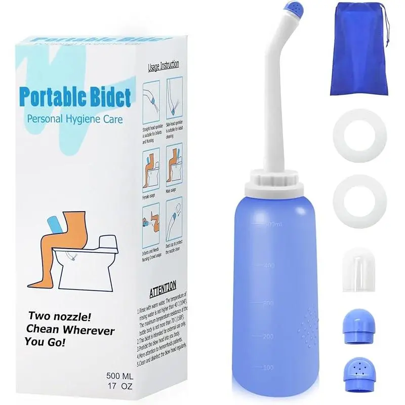 Peri Bottle for Postpartum Personal Care, 500ml / 17.5oz Portable Bidet with Angled Neck Design, Boilable & Leakproof TPE for Feminine Cleansing, Travel Bag Included