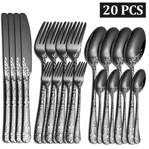 Stainless Steel Cutlery Set, 20pcs/set Exquisite Flower Pattern Knife & Fork & Spoon Set, Elegant Dinner Utensils Set for Home Kitchen Dining Room Dinnerware Service Set