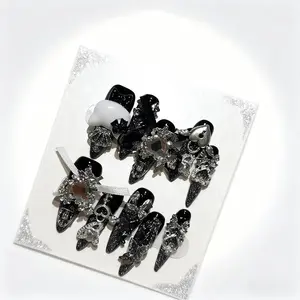 10-piece, TRUTH AMOR Handmade Dark Silver-Ornamented Long Pointed Nails, Jirai-kei Y2K Hot Girl Style, Detachable & Reusable, Must-have for stealing the spotlight at parties, showing off coolness daily, and subculture enthusiasts, Handmade Press On