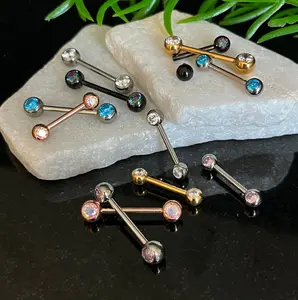 PAIR of Stunning Implant Grade Titanium Front CZ Gem Internally Threaded Industrial Barbell Rings - 14g - Length 12mm or 16mm