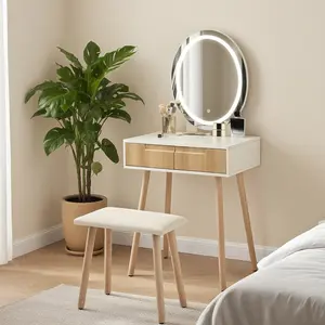 Small Wood Vanity Desk with Mirror & Lights Space-Saving Makeup Table with Drawers Adjustable Brightness Elegant Functional Vanity for Narrow Spaces