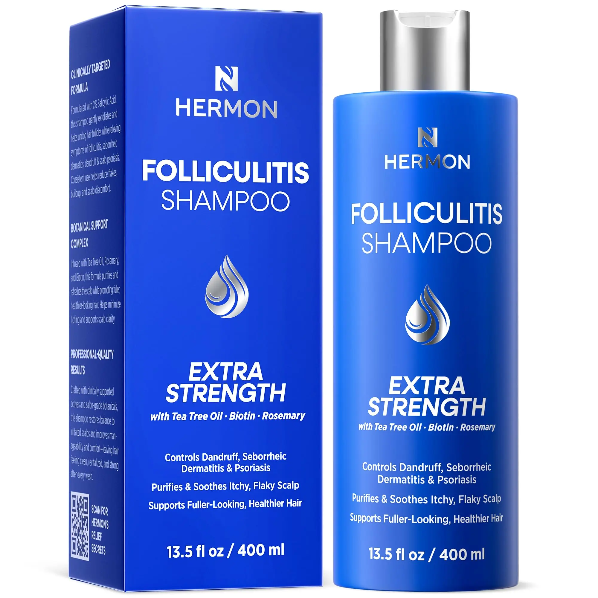 Hermon Anti-Folliculitis Medicated Shampoo - Alcohol-Free, Mild, Plant-Based Cleansing Liquid with Salicylic Acid, Tea Tree, Biotin, Ginseng, for Adult Itchy Scalp, Exfoliates, Soothes, Controls Oil, Reactivates Follicles, Suitable for All Hair Types