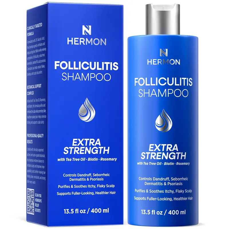 Hermon Anti-Folliculitis Medicated Hair Growth Shampoo - Alcohol-Free Mild Plant-Based Cleanser with 2% Salicylic Acid, Tea Tree, Rosemary, Biotin, Ginseng for Adults, Exfoliates, Soothes, Controls Oil, Reactivates Follicles, Anti-Dandruff, All Hair Types