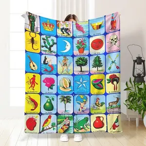 Mexican Loteria Card Pattern Blanket Soft Funny Throw Blanket Cozy Lightweight Plush Portable Cover Blanket For Sofa,Warm Gift For Birthday,Christmas,Multiple Blankets